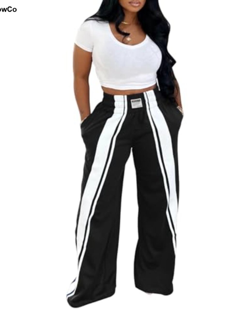 High Waisted Wide Leg Track Pants with Side Stripes and Pockets